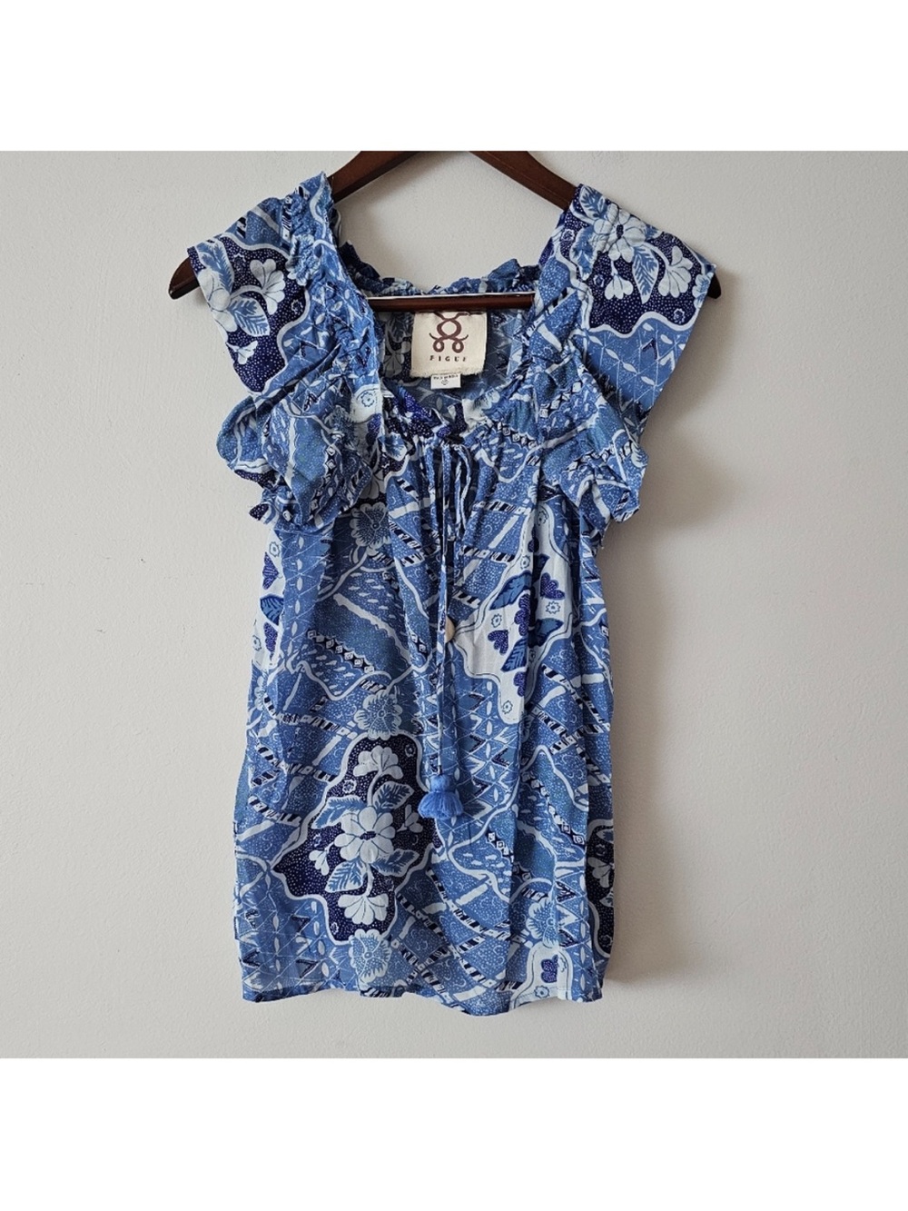 Figue Blue Floral Ruffle-Sleeve Women’s Top